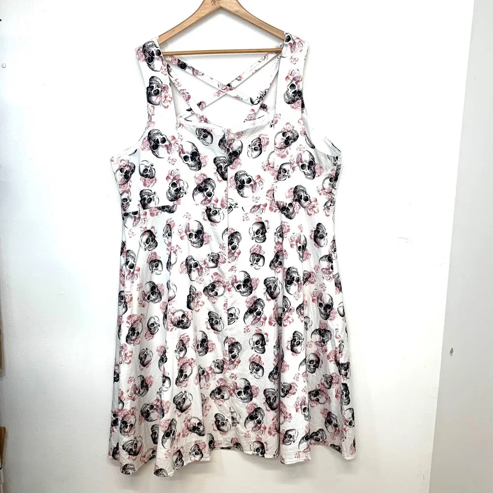 Torrid Skull Rose Print Midi Dress  Sz  26 Fit Flare White Pink Gothic Stretxch
